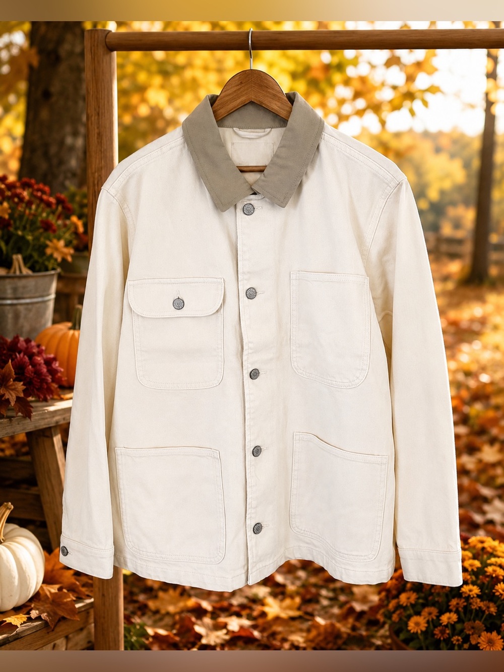 Lucky Brand Cream Canvas Jacket with Tan Contrast Collar